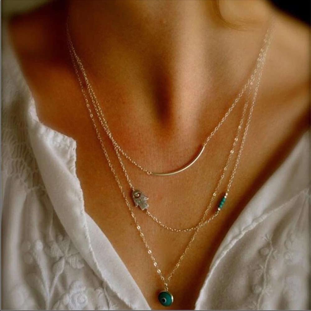 Layered chain Fatima Hand evil eye dainty necklace